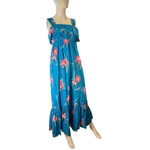Vintage 1980s Blue Floral Hilo Hatties Ruffle Maxi Hawaiian Dress Size S